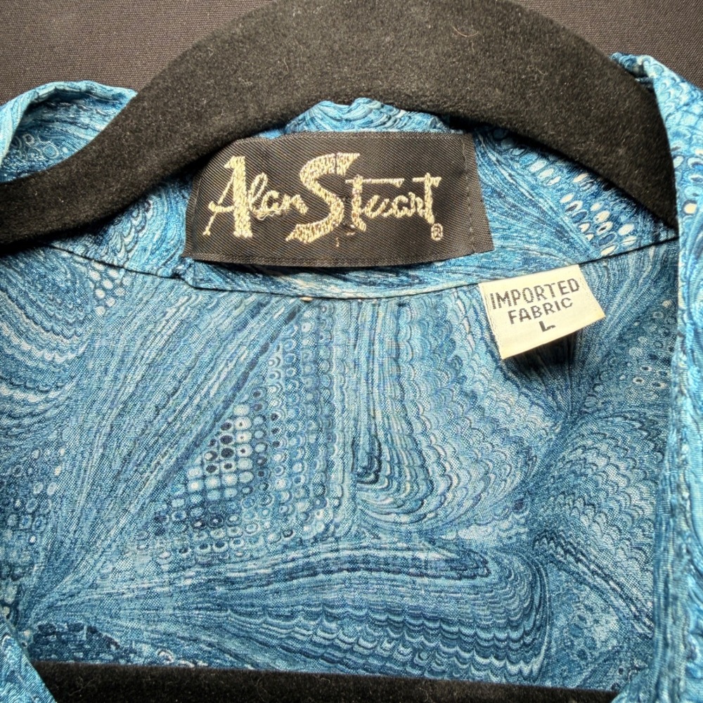 VTG Alan Stuart Polo Shirt Mens Large Blue Shiney Marbled Snake Print Banded Mob - Picture 4 of 14